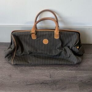 Fendi Vintage Striped Canvas Weekender Bag with Tan Leather Trim